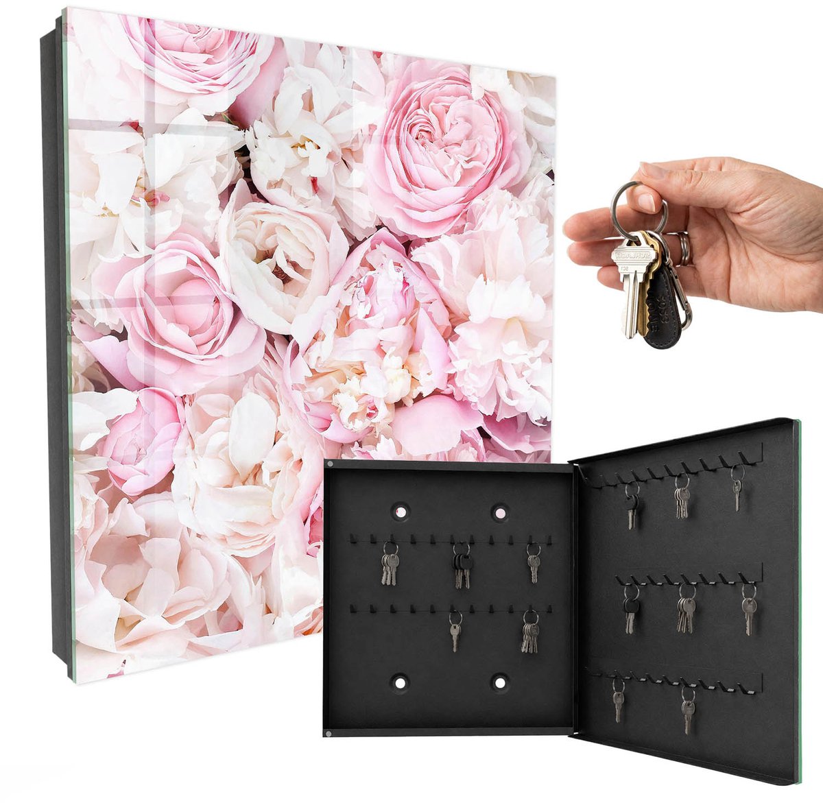 WallMuralia - Sleutelkast - 30x30x5 cm - met 50 haken - Pastelkleurige Bloemen Leuk Sleutelkastje - Roze Sleutelbox - Rechtsopenend - Zwart interieur