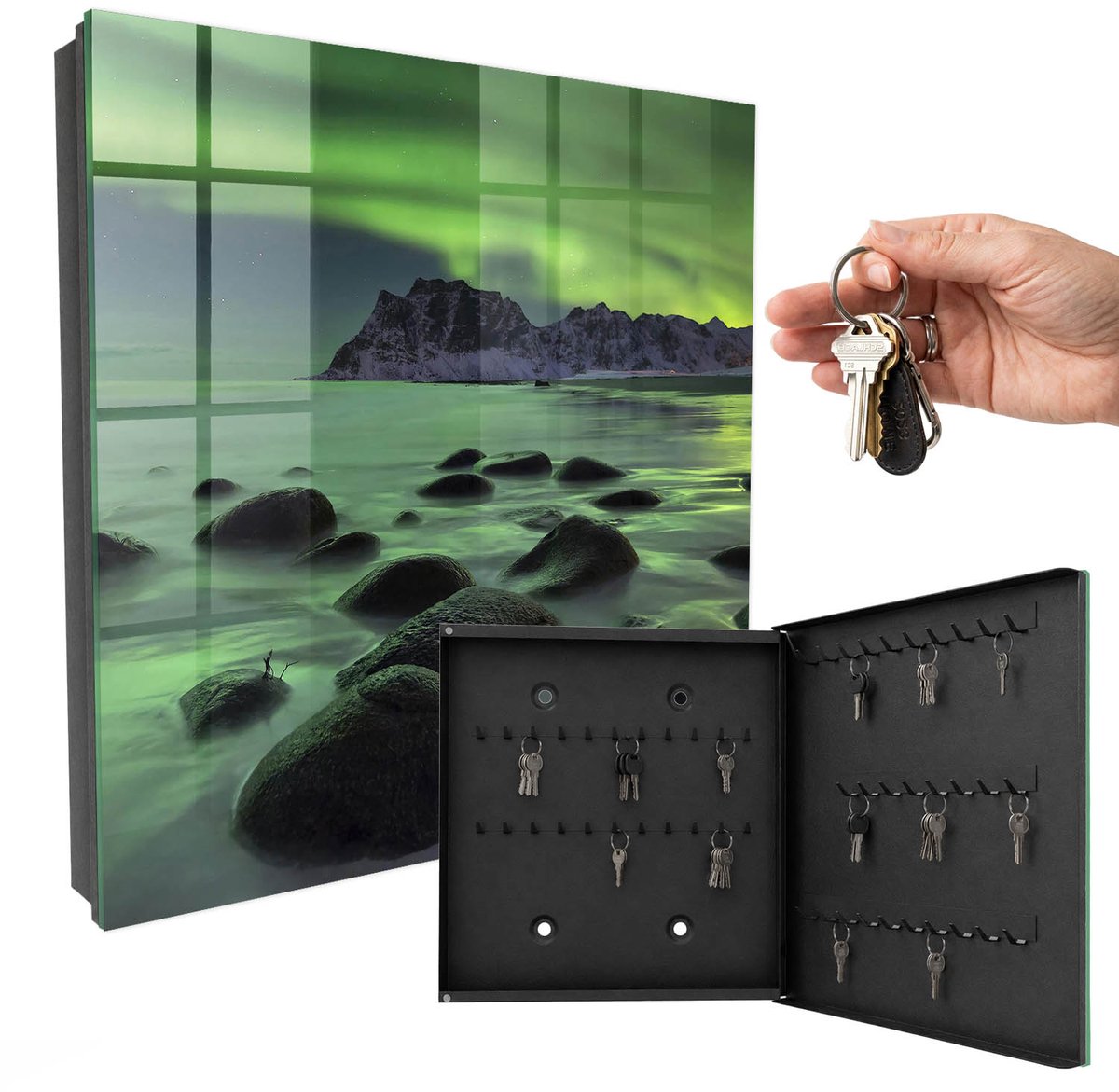 WallMuralia - Sleutelkast - 30x30x5 cm - met 50 haken - Noorderlicht Sleutelkastje Design - Groente Sleutelbox - Rechtsopenend - Zwart interieur