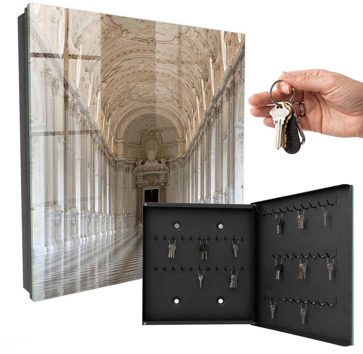 WallMuralia - Sleutelkast - 30x30x5 cm - met 50 haken - Klassieke Architectuur Sleutelkastje Hal - Beige Sleutelbox - Rechtsopenend - Zwart interieur