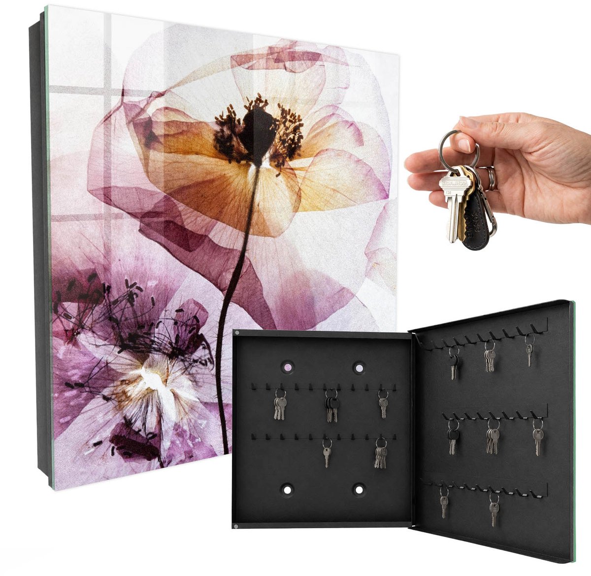 WallMuralia - Sleutelkast - 30x30x5 cm - met 50 haken - Bloemige Elegantie Sleutelkastje Industrieel - Paars Sleutelbox - Rechtsopenend - Zwart interieur