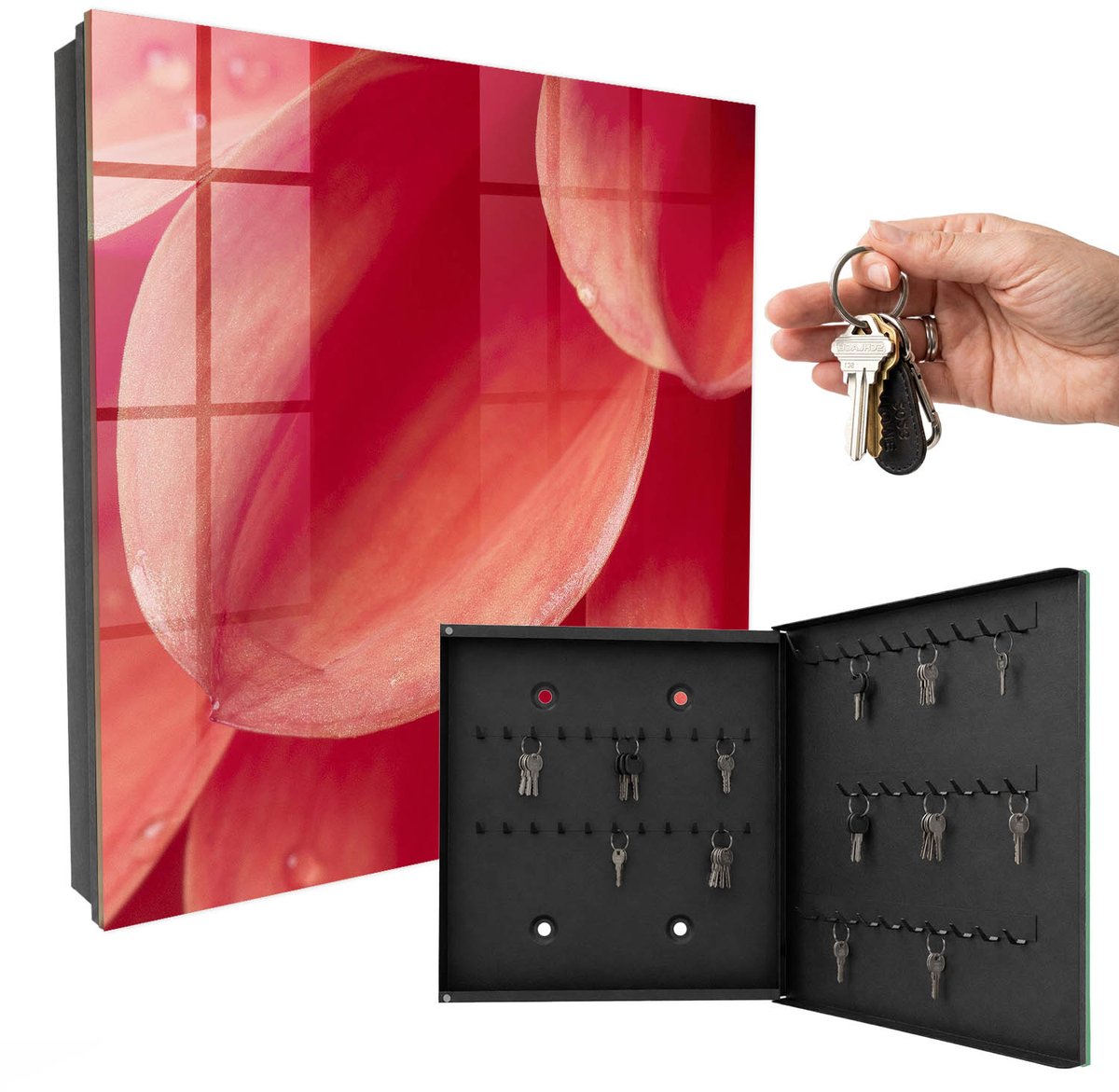 WallMuralia - Sleutelkast - 30x30x5 cm - met 50 haken - Bloemige Intimiteit Sleutelkastje Gang - Rood Sleutelbox - Rechtsopenend - Zwart interieur