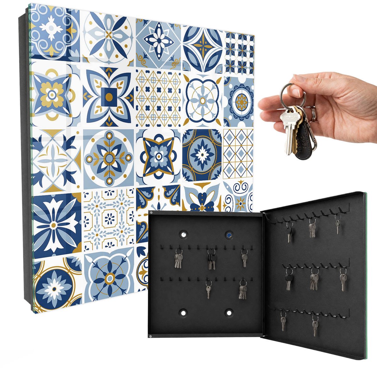 WallMuralia - Sleutelkast - 30x30x5 cm - met 50 haken - Kleurrijke Tegels Design Sleutelkastje - Blauw Sleutelbox - Rechtsopenend - Zwart interieur