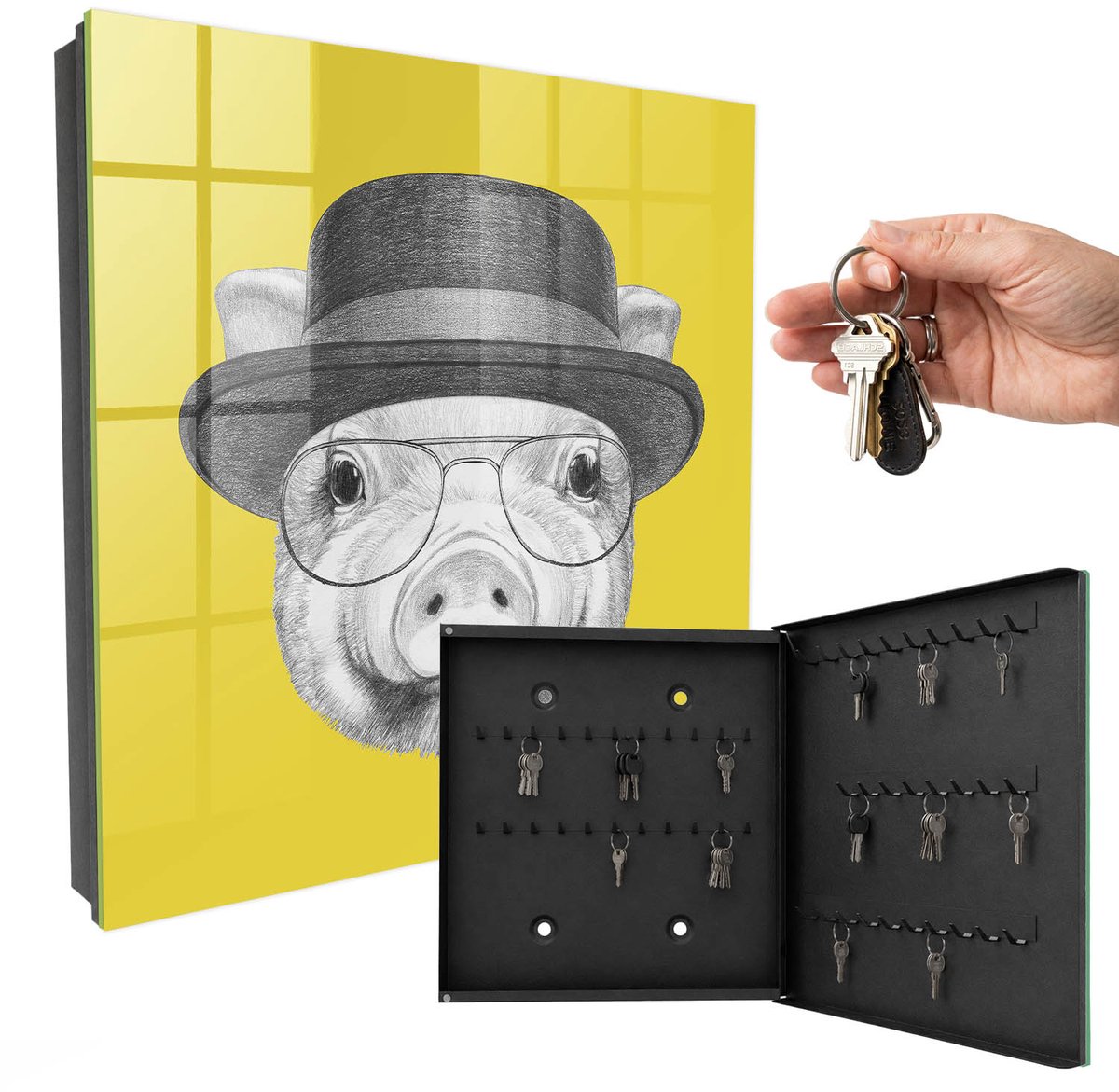 WallMuralia - Sleutelkast - 30x30x5 cm - met 50 haken - Gelukkig Varkentje Sleutelkastje Hal - Geel Sleutelbox - Rechtsopenend - Zwart interieur