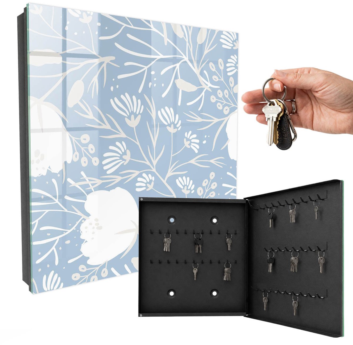 WallMuralia - Sleutelkast - 30x30x5 cm - met 50 haken - Plantmotieven Sleutelkastje Landelijk - Blauw Sleutelbox - Rechtsopenend - Zwart interieur