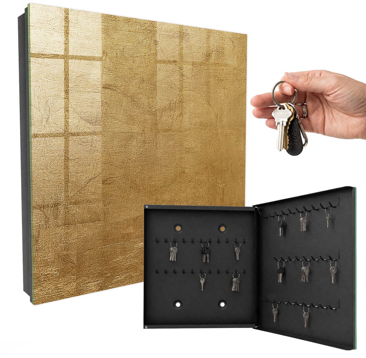WallMuralia - Sleutelkast - 30x30x5 cm - met 50 haken - Warme Textuur Sleutelkastje Voor Binnen - Geel Sleutelbox - Rechtsopenend - Zwart interieur