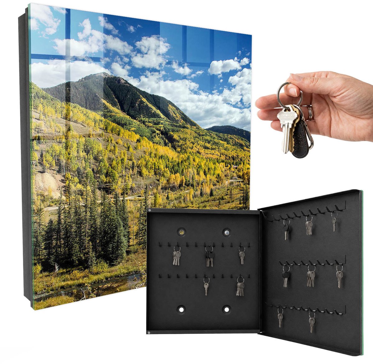 WallMuralia - Sleutelkast - 30x30x5 cm - met 50 haken - Herfstlandschap Sleutelkastje Hal - Groente Sleutelbox - Rechtsopenend - Zwart interieur