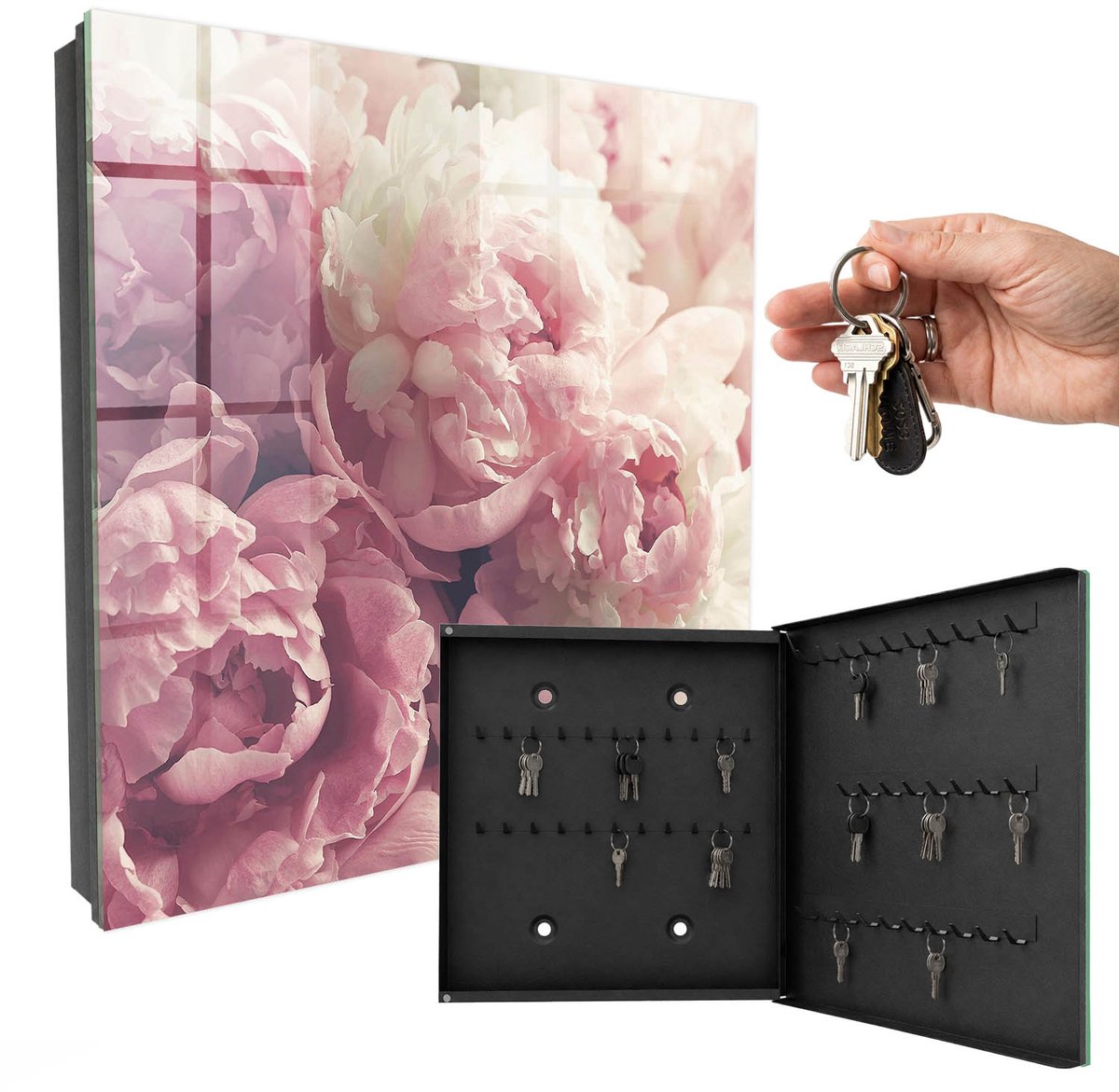 WallMuralia - Sleutelkast - 30x30x5 cm - met 50 haken - Pioenbloemen Sleutelkastje Industrieel - Roze Sleutelbox - Rechtsopenend - Zwart interieur