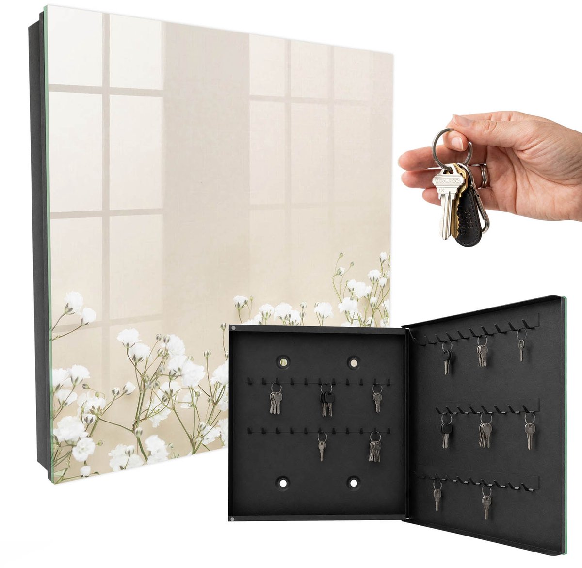 WallMuralia - Sleutelkast - 30x30x5 cm - met 50 haken - Subtiliteit Van Bloemen Sleutelkastje - Beige Sleutelbox - Rechtsopenend - Zwart interieur
