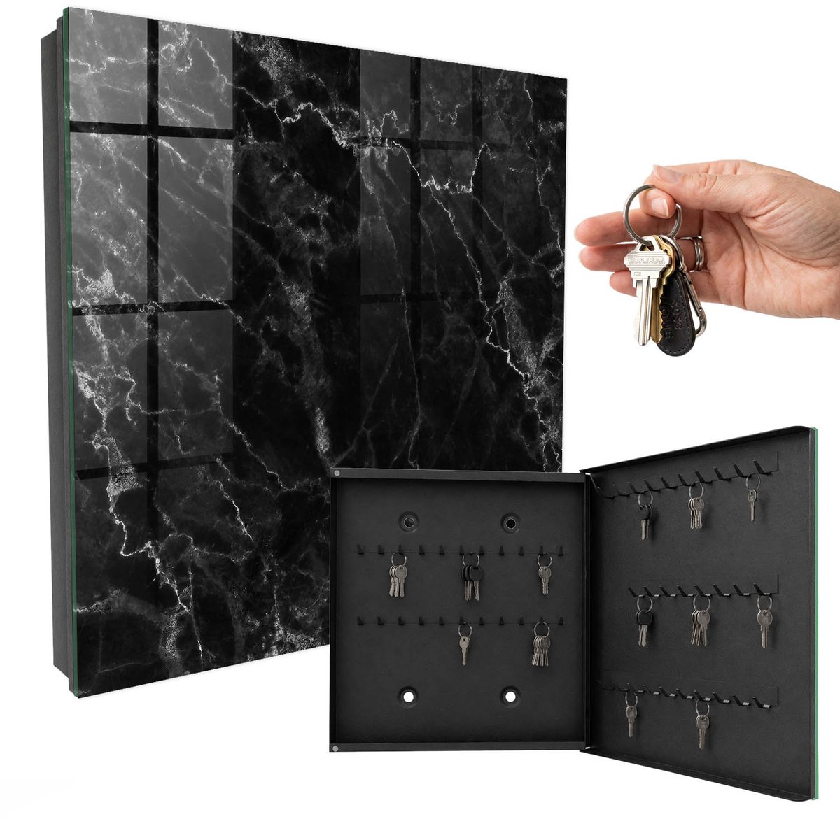 WallMuralia - Sleutelkast - 30x30x5 cm - met 50 haken - Marmer Diepte Sleutelkastje Binnen - Zwart Sleutelbox - Rechtsopenend - Zwart interieur