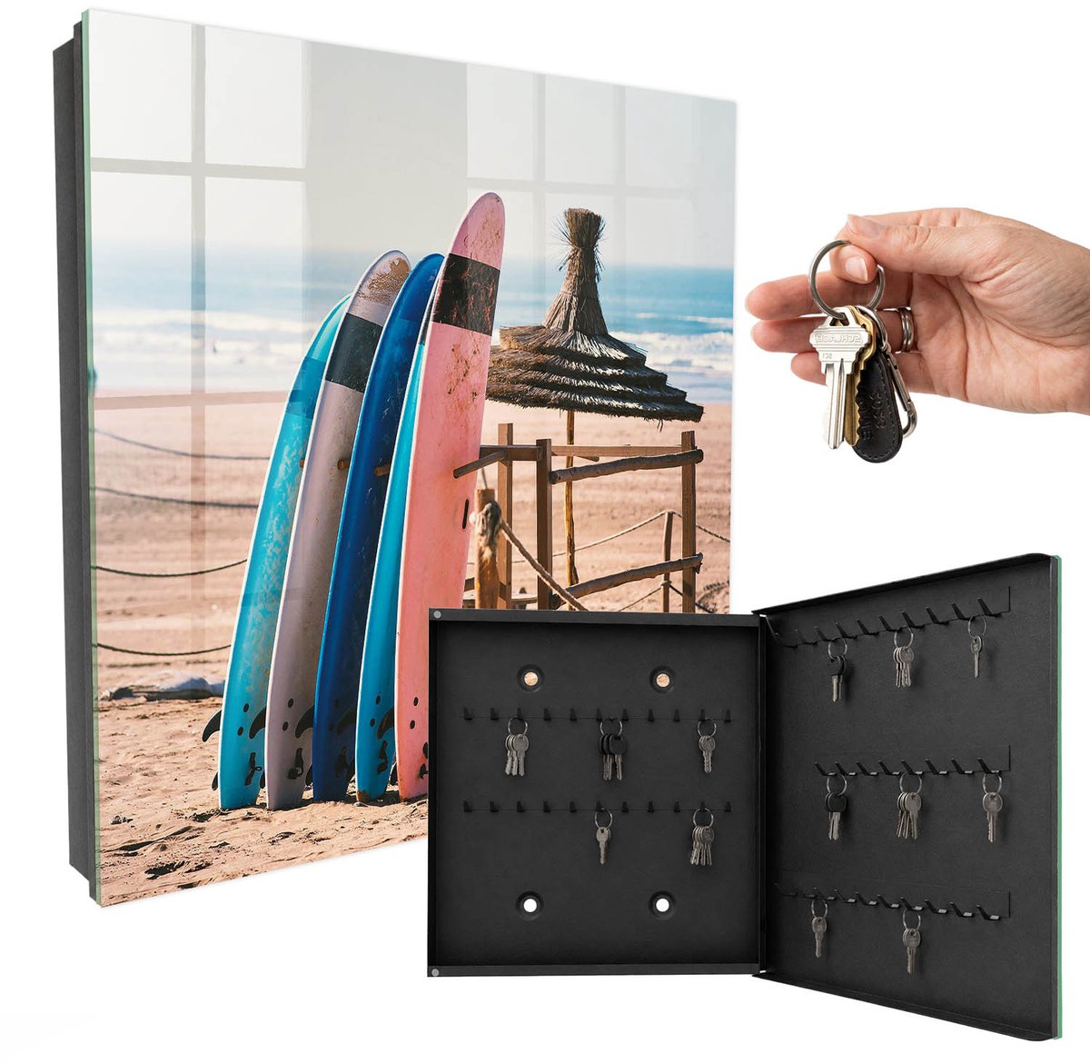 WallMuralia - Sleutelkast - 30x30x5 cm - met 50 haken - Strand Surfplanken Sleutelkastje Muur - Blauw Sleutelbox - Rechtsopenend - Zwart interieur