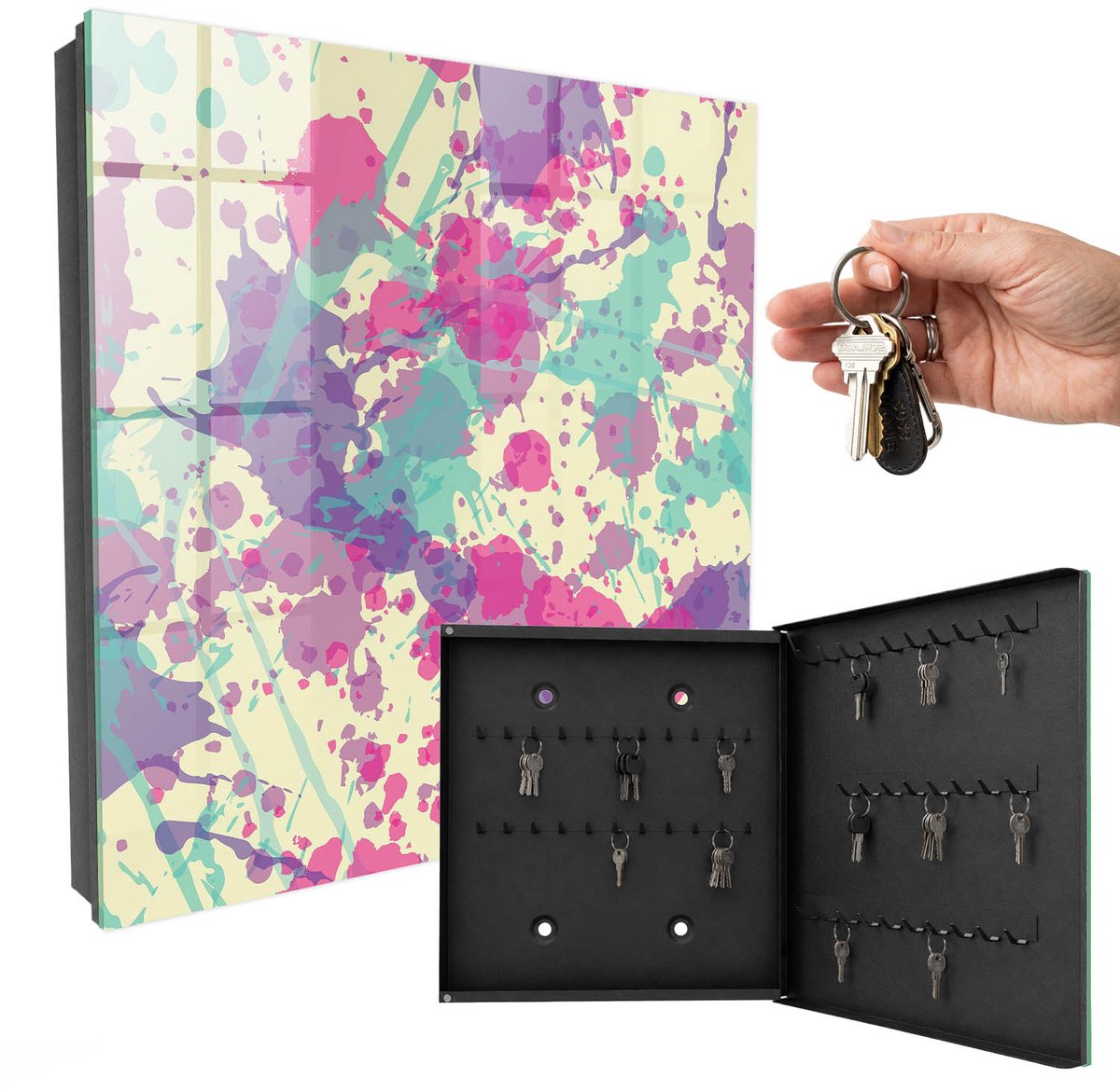 WallMuralia - Sleutelkast - 30x30x5 cm - met 50 haken - Kleurrijke Chaos Sleutelkastje Design - Roze Sleutelbox - Rechtsopenend - Zwart interieur