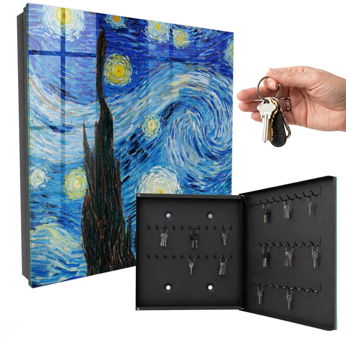 WallMuralia - Sleutelkast - 30x30x5 cm - met 50 haken - Nachtelijke Hemel Sleutelkastje - Blauw Sleutelbox - Rechtsopenend - Zwart interieur