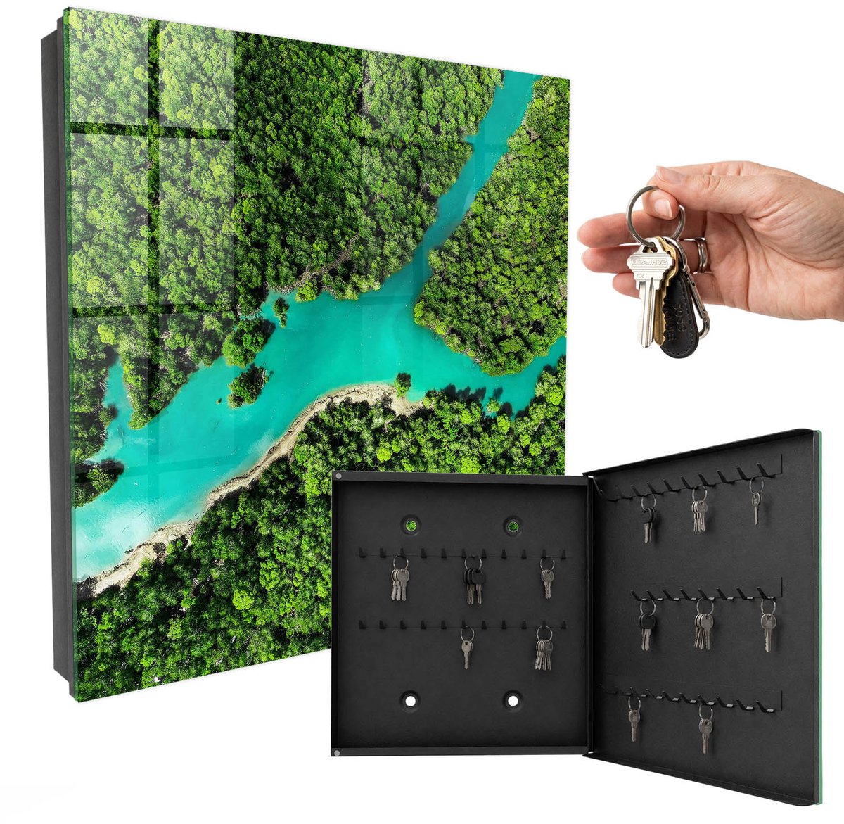 WallMuralia - Sleutelkast - 30x30x5 cm - met 50 haken - Groen Paradijs Sleutelkastje Muur - Groente Sleutelbox - Rechtsopenend - Zwart interieur