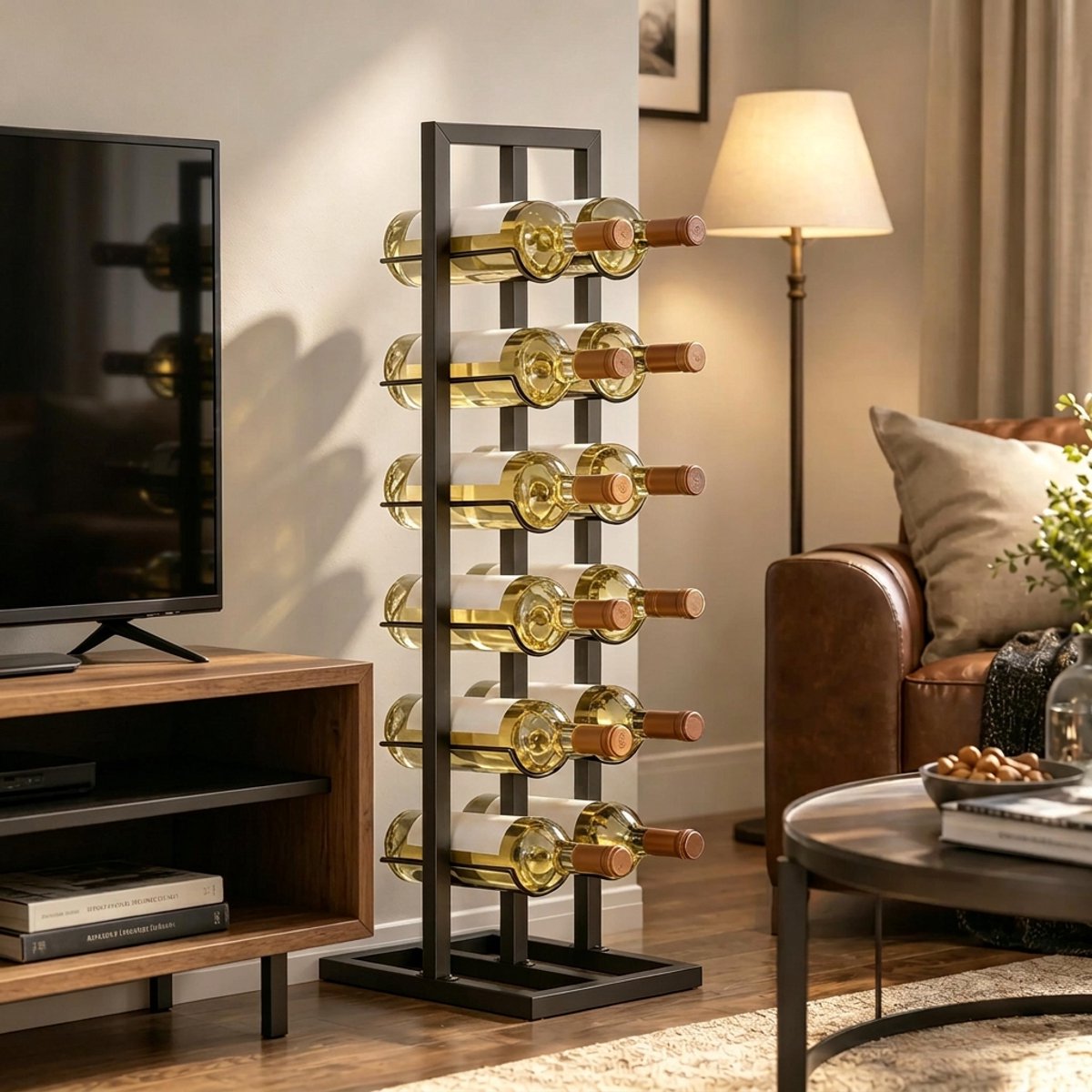 Wijnrek Metaal - Industrieel Wijnrek - Vrijstaand - Flessenhouder - 12 Flessen - Anti-kantel - Compact - Keuken - 31x23x84,5cm - Opslag - Zwart