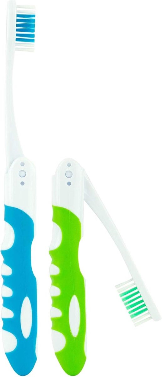 Opvouwbare reistandenborstel met ingebouwde dop - 2 stuks - Middelharde borstelharen - Geschikt voor wandelen en kamperen - Compact en draagbaar - Blauw - Groen