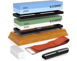 SnelShoppen - Razorri Set Slijpstenen Dubbelzijdig 400/1000 en 3000/8000 Grit, Slijpstenen met Egaliseersteen, Hoekgeleiding, Bamboebasis, Leren Strip