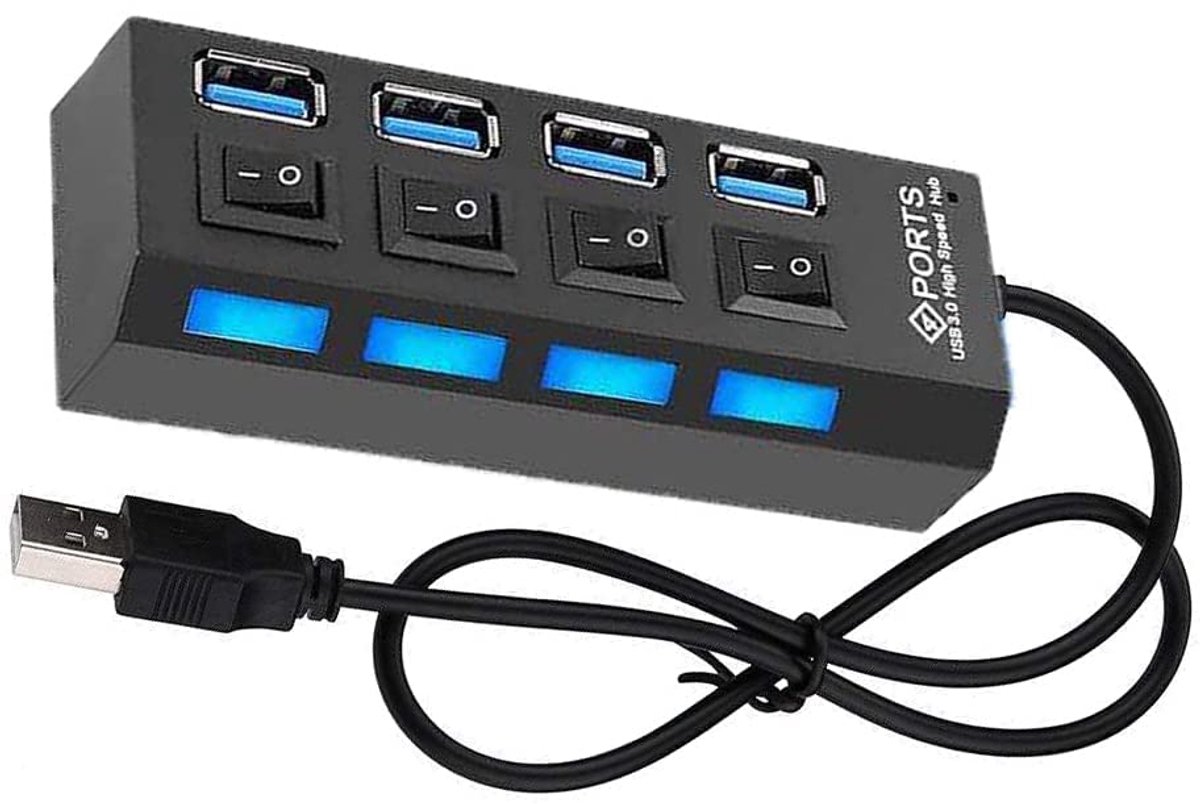 USB hub - 4-in-1 USB hub - Splitter - Extra USB aansluitingen - Adapter - USB verlengsnoer - USB uitbreider - USB poort splitter - 4 poorten - Met LED verlichting - Jonyx