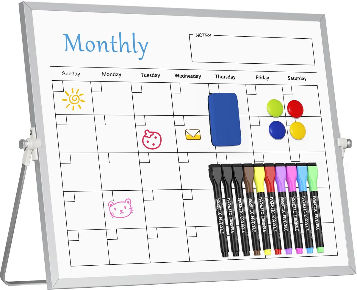 Magnetische Maandplanner Whiteboard - 30 x 40 cm Planbord met Standaard - Dubbelzijdig Wisbaar Bureau Whiteboard - Draagbaar Plannerbord voor Planning, Studie, Kantoor en Onderwijs - Tafelbord met Houder
