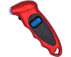 Digitale bandenspanningsmeter met 4 standen, geschikt voor motorfietsen, fietsen en auto’s, met functie voor het meten van de profieldiepte en antisliphandgreep (rood)
