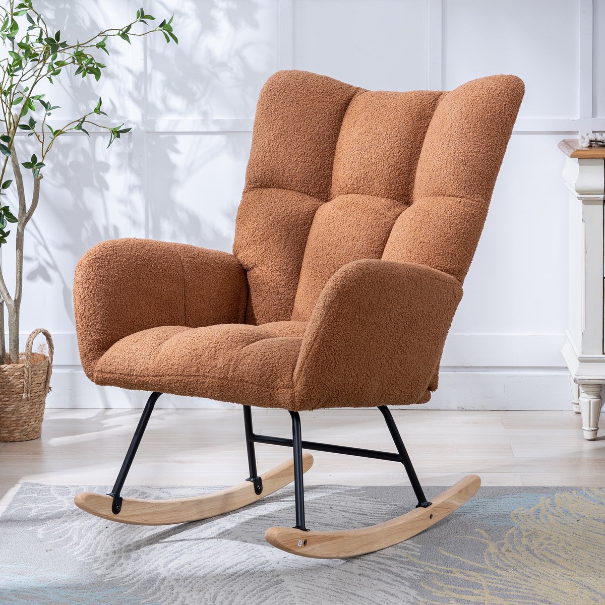Scandinavische Teddy Schommelstoel - Relaxstoel - Ergonomische Rugleuning - Zachte Teddy Stof - Stevige Houten Basis - Comfortabele Stoel voor Woonkamer Slaapkamer Babykamer-Bruin