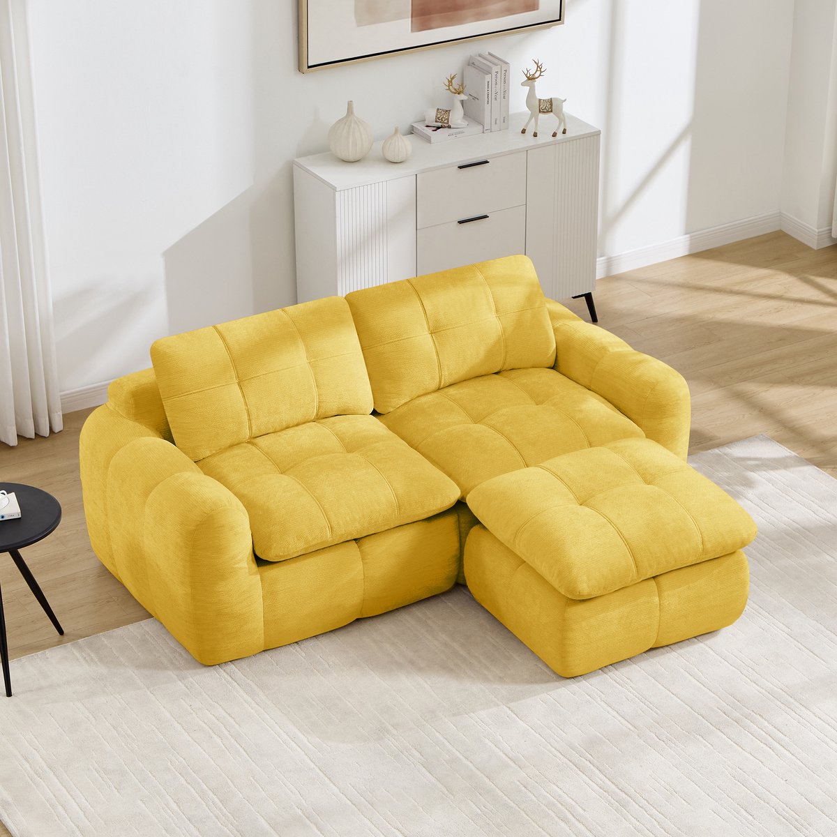 Moderne Hoekbank, L-Bank, 2-Zits bank, 2-Zits L-Vormige Frameloze Modulaire Bank Met Ruitvormig Doorgestikt Patroon, Chenille Bekleding, Antislip Onderkant, Montagevrij, Inclusief 1 Poef, Geschikt Voor Woonkamers En Appartementen-Geel
