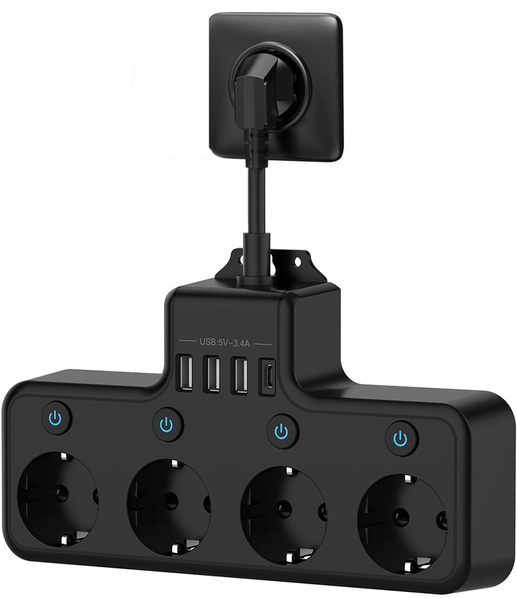 Wandcontactdoos met schakelaar – stekkerdoos met USB-C en USB-A – elke stopcontact individueel schakelbaar – 4 stopcontacten – voor thuis, kantoor, gaming, hotel.