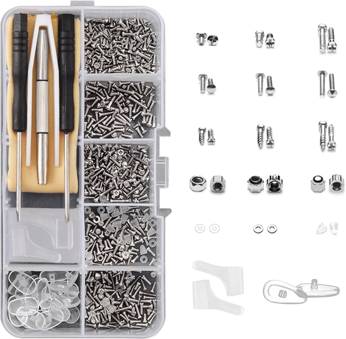Reparatieset voor zonnebrillen - Brillen Reparatie Set - Universele Reparatieset - voor Brillen en Horloges - met 1000+ Schroeven en Neuspads - Inclusief Schroevendraaier en Pincet - Transparant