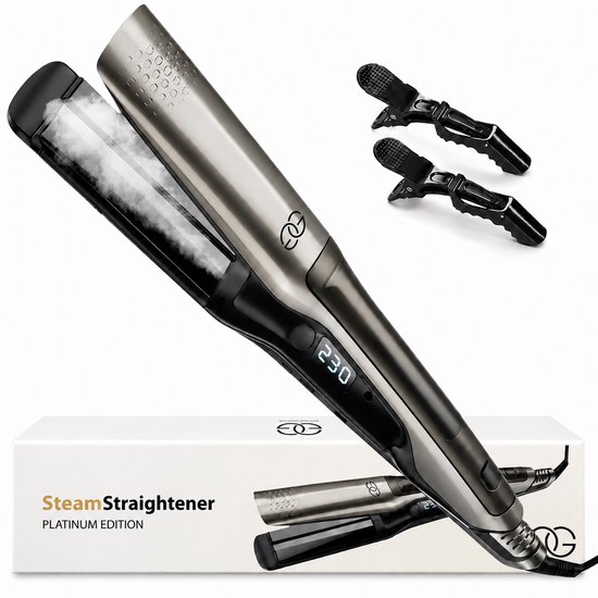 Professionele stoom stijltang, platinum editie, met digitale temperatuurweergave en twee haarclips.