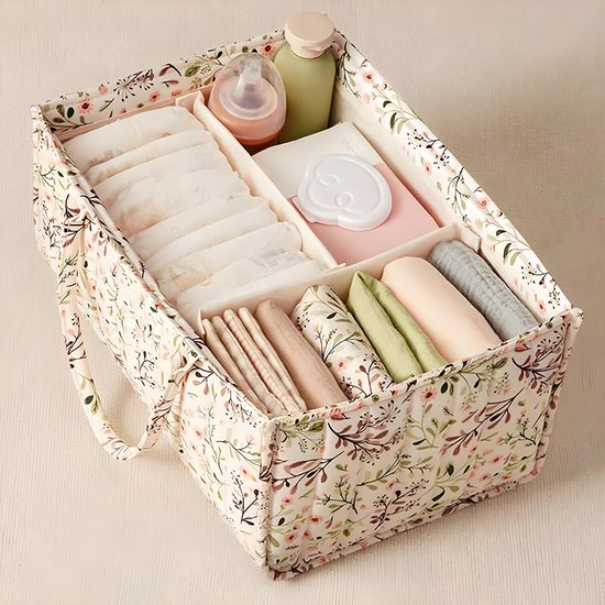 Luiertas - Met handvat - Luiermand - Opbergmand voor babybenodigdheden - Draagbare tas - Reistas - Grote speelgoedmand - Bloemenprint - 38*25*18 cm - Kraamcadeau — afbeelding 3