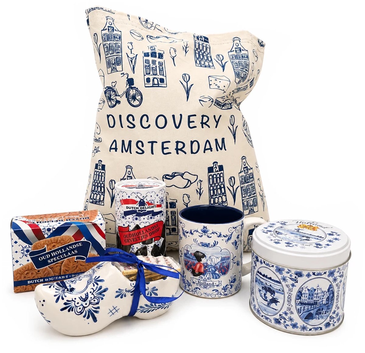Geschenkpakket delfts blauw met snoep - Verpakt in geschenktas - Nederlands cadeau - Cadeaupakket - Nederland souvenir - Hollandse cadeautjes - Hollandse souvenirs