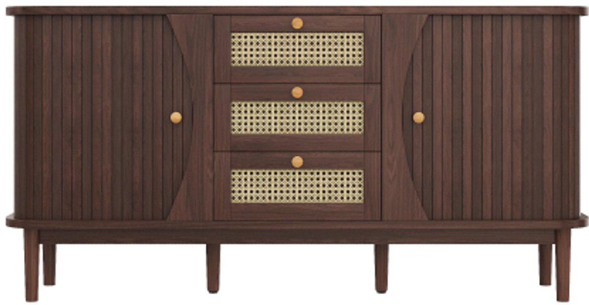 COLAMY Dressoir - Rotan Deuren - Schuifdeuren - Verstelbare Planken - Afgerond Bovenblad