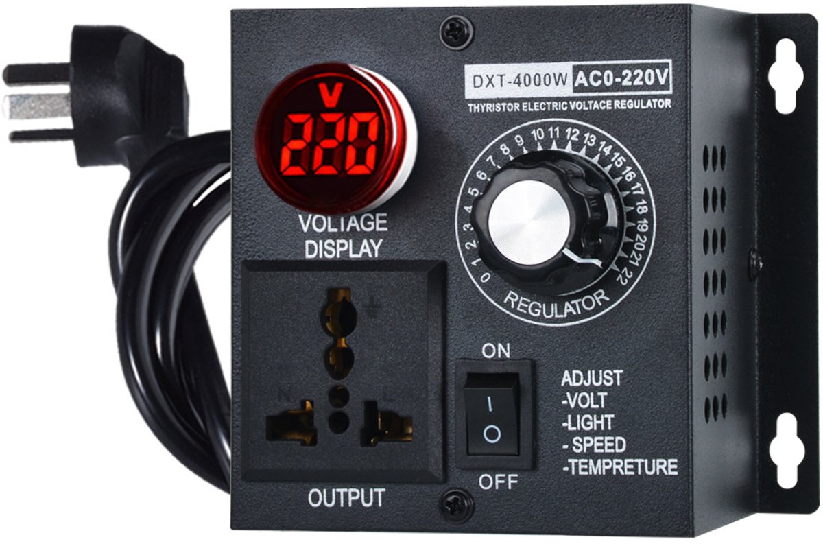 carmdering - AC Spanningsregelaar 4000W - Thyristor Vermogensregelaar 220V - Traploze Draaiknop Regelaar - Spanningsregelaar voor Motoren, Verwarming en Elektrische Apparaten