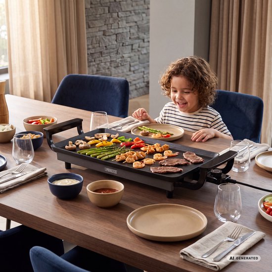 Jongetje kijkt lachend naar een Princess grillplaat met vlees, garnalen, en groenten.