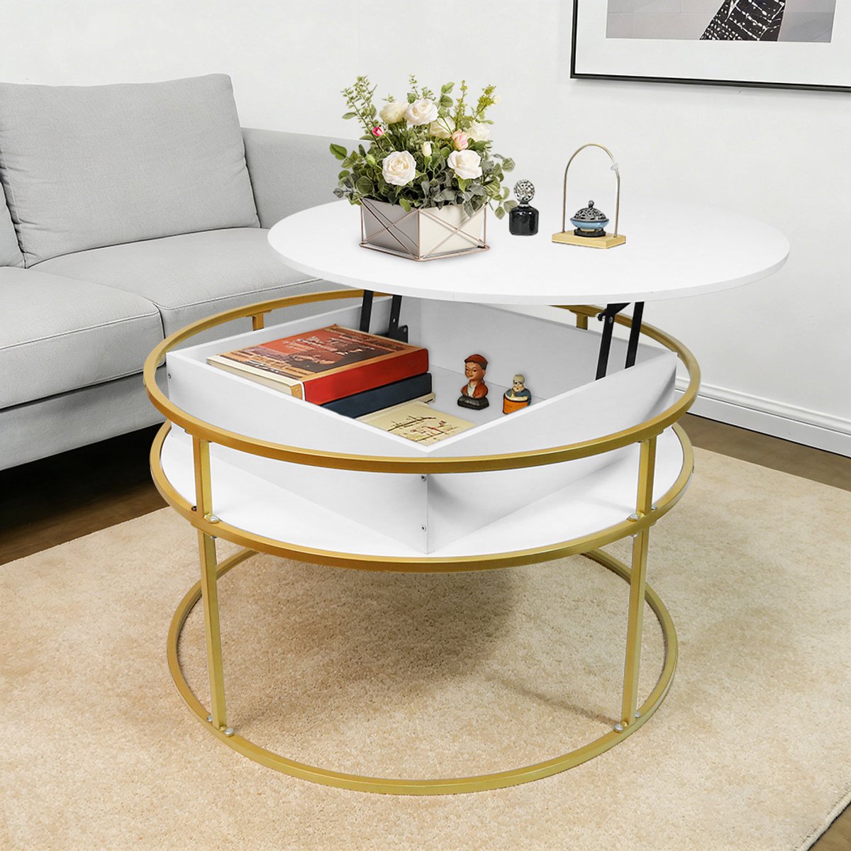 PIPIPOXER-Salontafel –Salontafel in hoogte verstelbaar - woonkamertafel met hefplaat - Salontafel rond - Table basse de salon - Kleine Tafel - Salontafels - Diameter 60 x 60 cm - Wit