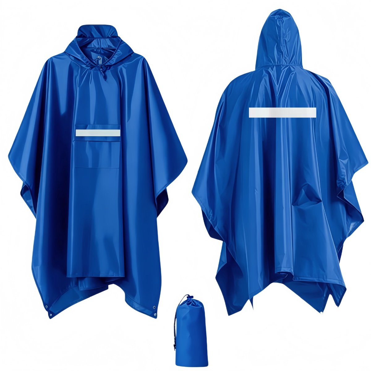 Waterdichte Kapuchon Regenponcho voor Volwassenen - Lichtgewicht Herbruikbare Regenjas - Draagbaar & Opvouwbaar - voor Wandelen, Kamperen, Reizen - Reflecterend - Blauw - 1 Stuk
