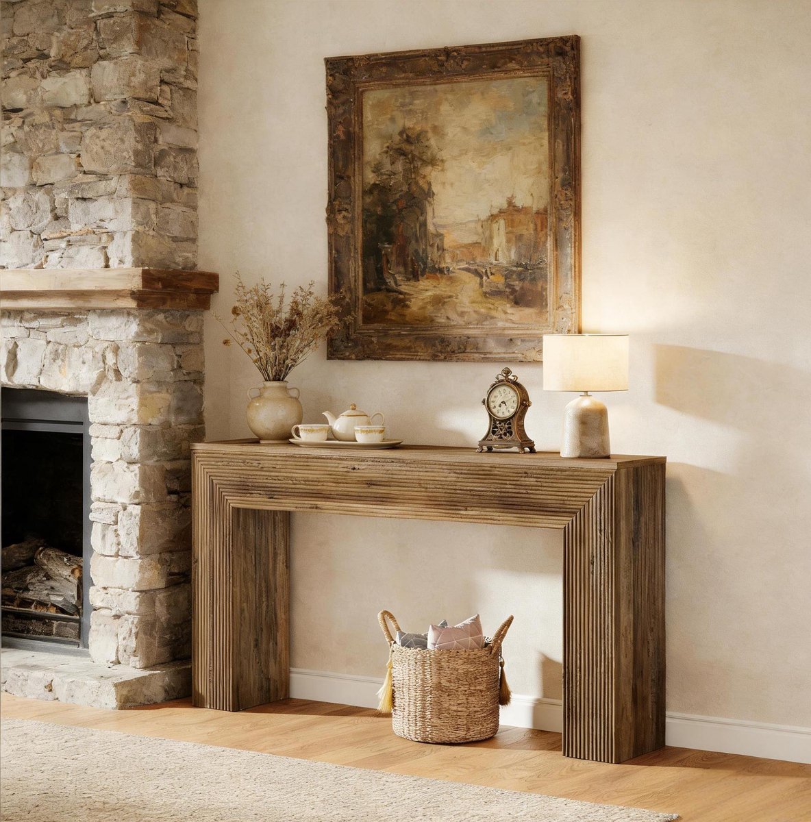 COVREO Sidetable 160 x 30 x 85 cm, bruin, van MDF met geribbelde details
