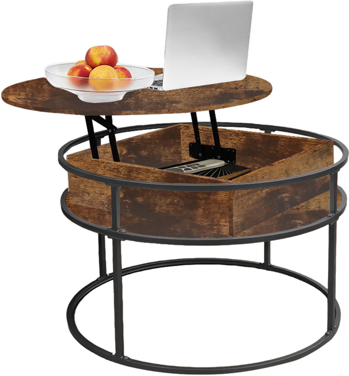 PIPIPOXER-Salontafel –Salontafel in hoogte verstelbaar - woonkamertafel met hefplaat - Salontafel rond - Table basse de salon - Kleine Tafel - Salontafels - Diameter 80 x 80 cm - bruin