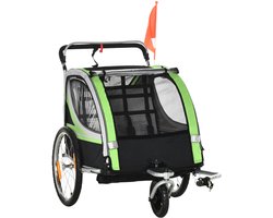 Sogiol® Fietskar - Kinderfietskar & Wandelwagen 2-in-1- Voor 1 of 2 Kinderen - Met Veiligheidsgordel, Vlag & Opbergvakken - Groen