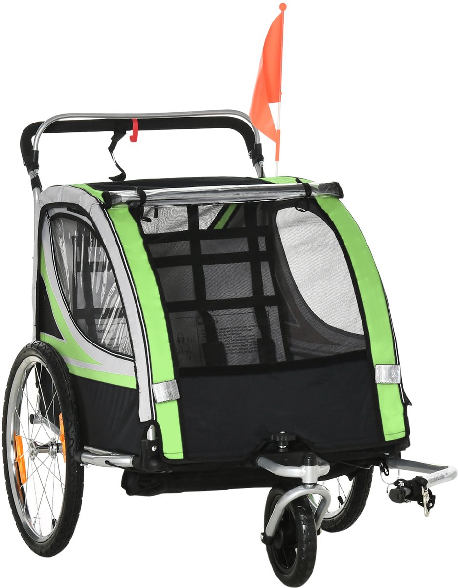 Sogiol® Fietskar - Kinderfietskar & Wandelwagen 2-in-1- Voor 1 of 2 Kinderen - Met Veiligheidsgordel, Vlag & Opbergvakken - Groen