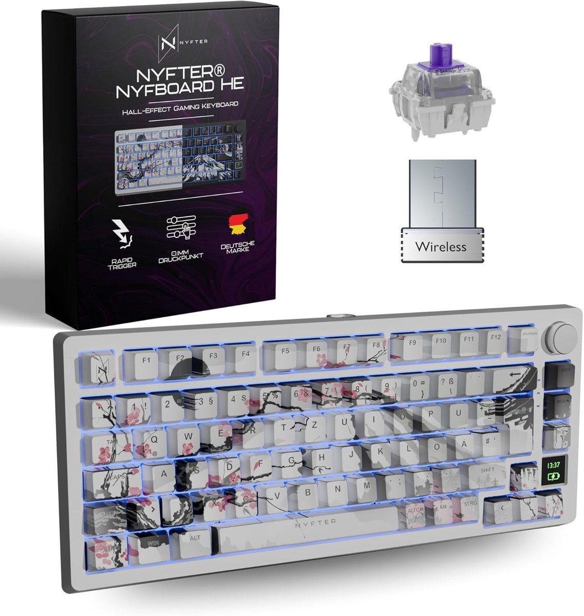 SnelShoppen - Draadloos 75% Gaming Toetsenbord - Hall-Effect Gateron KS-37C Switches, DE ISO QWERTZ, Hot-Swap, RGB, Gasket Mount, Media Knop, LED Disp
