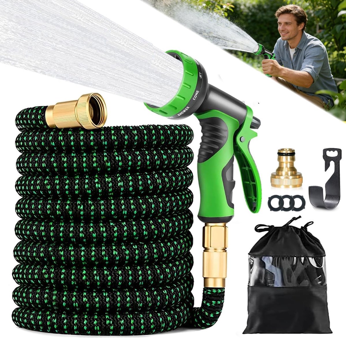 SnelShoppen - Flexibele Tuinslang 15 m - Irrigatieslang, Rekbare Tuinslang met Adapter - Hoogwaardige Weerbestendige Materialen voor Tuin, Auto en Cam