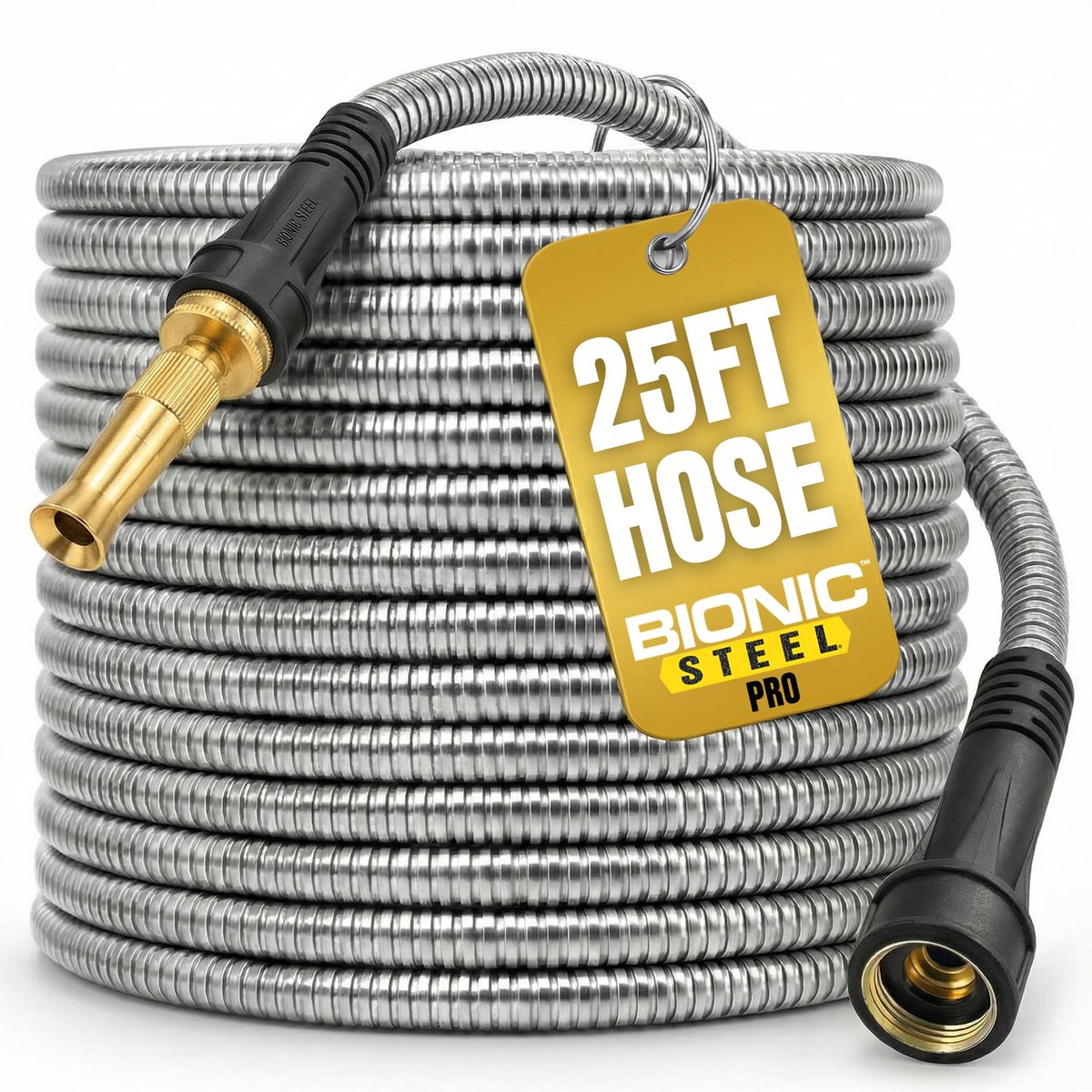 SnelShoppen - Bionic Steel PRO Tuinslang 25 voet - 304 Roestvrij Staal, Lichtgewicht, Knikvrij, Messing Fittingen, Aan/Uit Ventiel, Tuin, Buiten