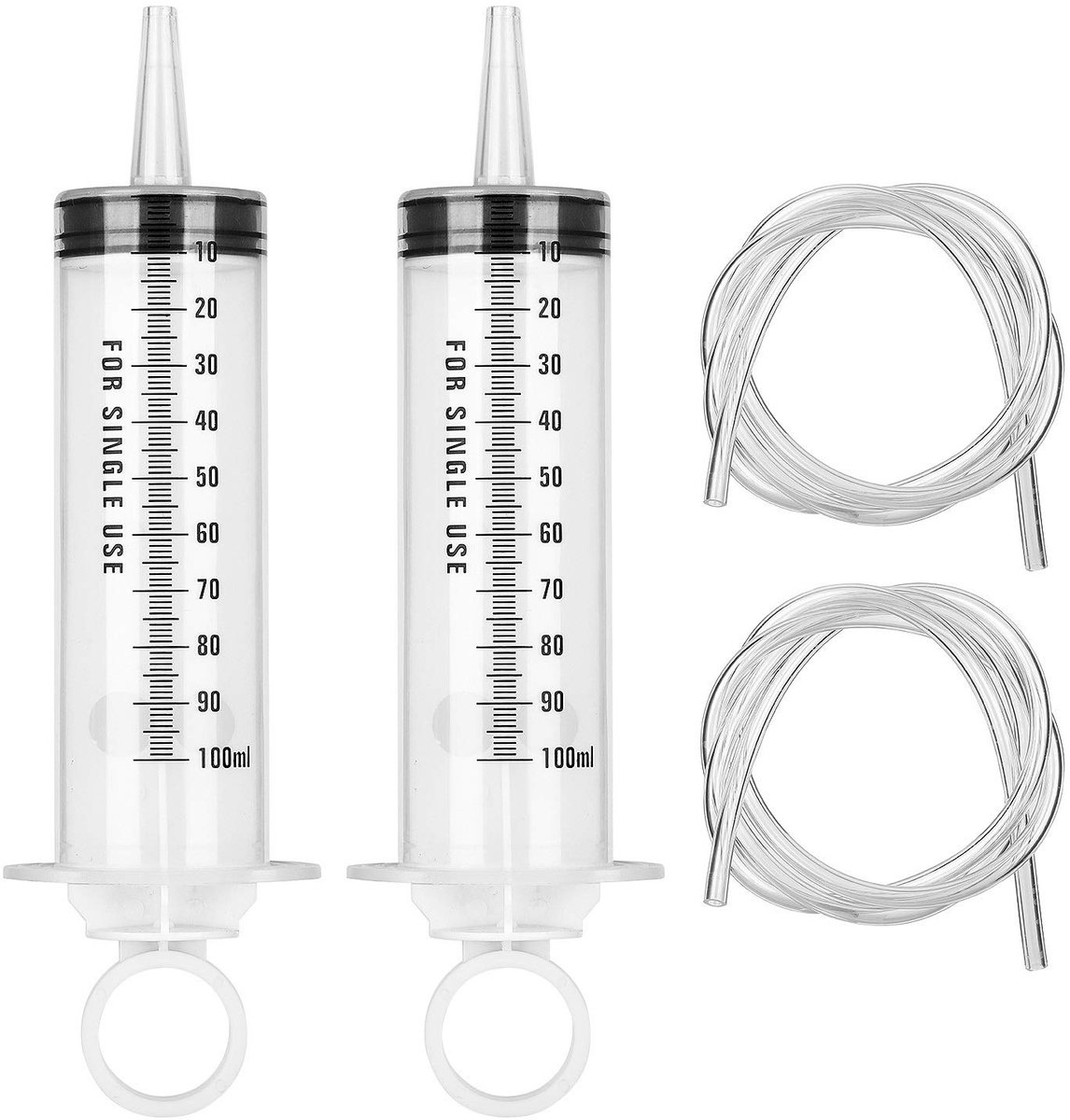 SnelShoppen - 100 ml spuit met 100 cm slang | grote plastic meetspuit voor vloeibare olie, voedingsstoffen meten, bijvullen, water geven, set van 2