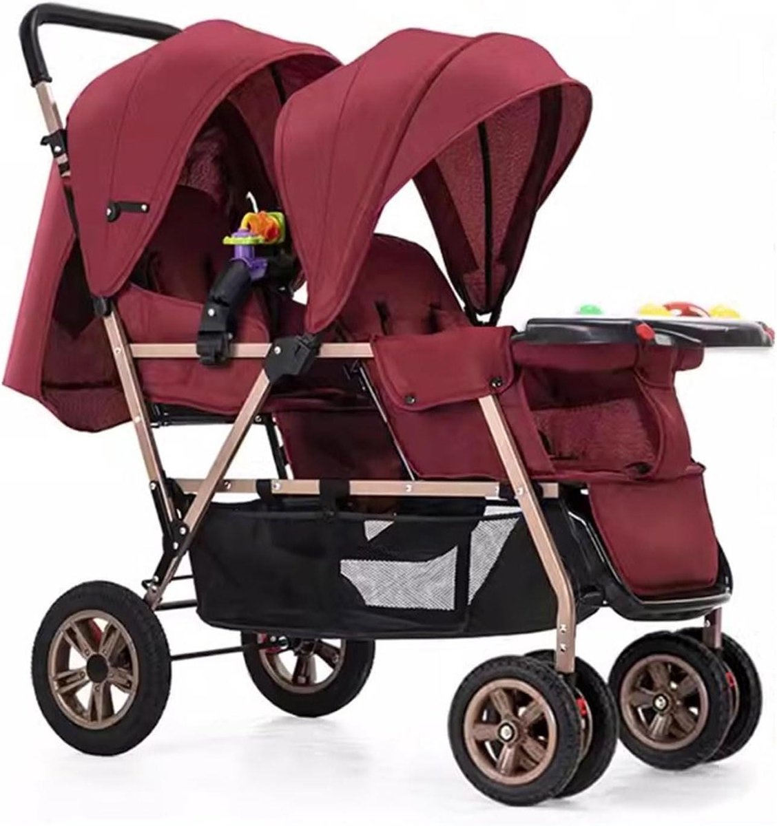 Dubbele Kinderwagen - Tweeling Kinderwagen - Dagelijks Gebruik - Lichtgewicht en Compact - 25 kg Draaggewicht - Rood