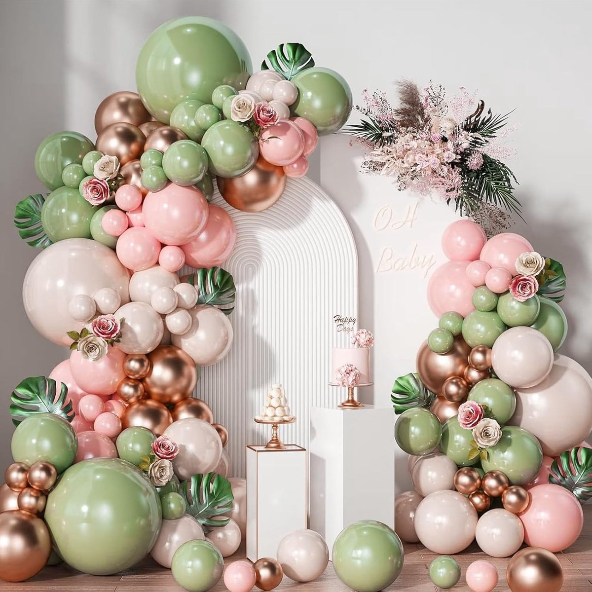 SnelShoppen - Sage Green en Roze Ballonnen Boog Kit, 150 Stuks Ballon Garland voor Babyshower, Verjaardagsfeest, Bruiloft en Jungle Safari Decoratie