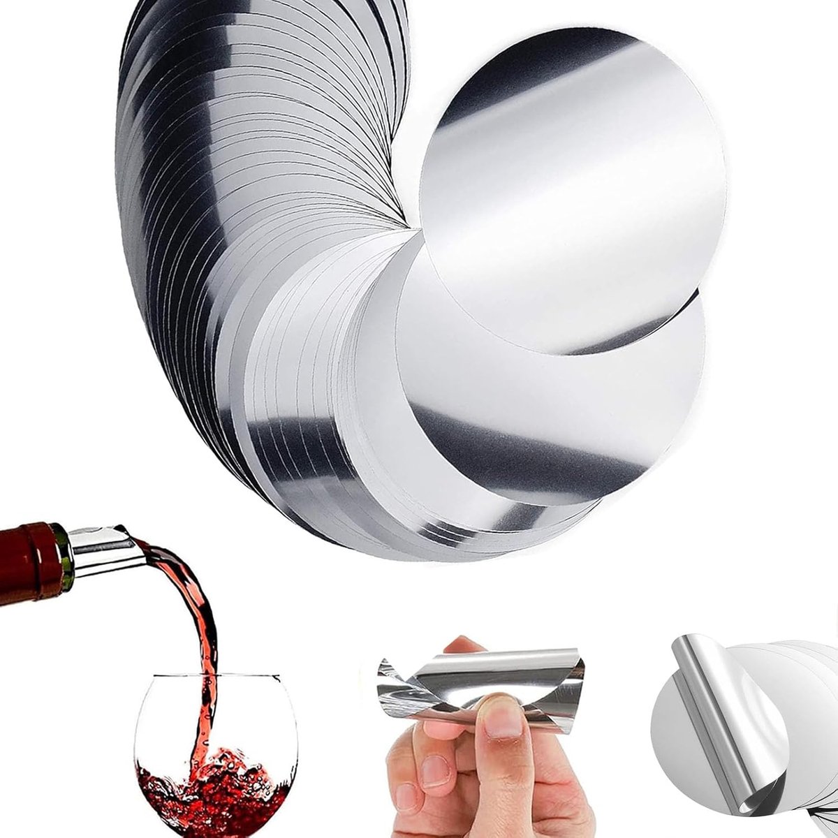 100 stuks wijndruppeldisks van aluminiumpapier, herbruikbare druppelvrije wijnschenktuit, wijnstop voor bars, restaurants, hotels, clubs (zilver)