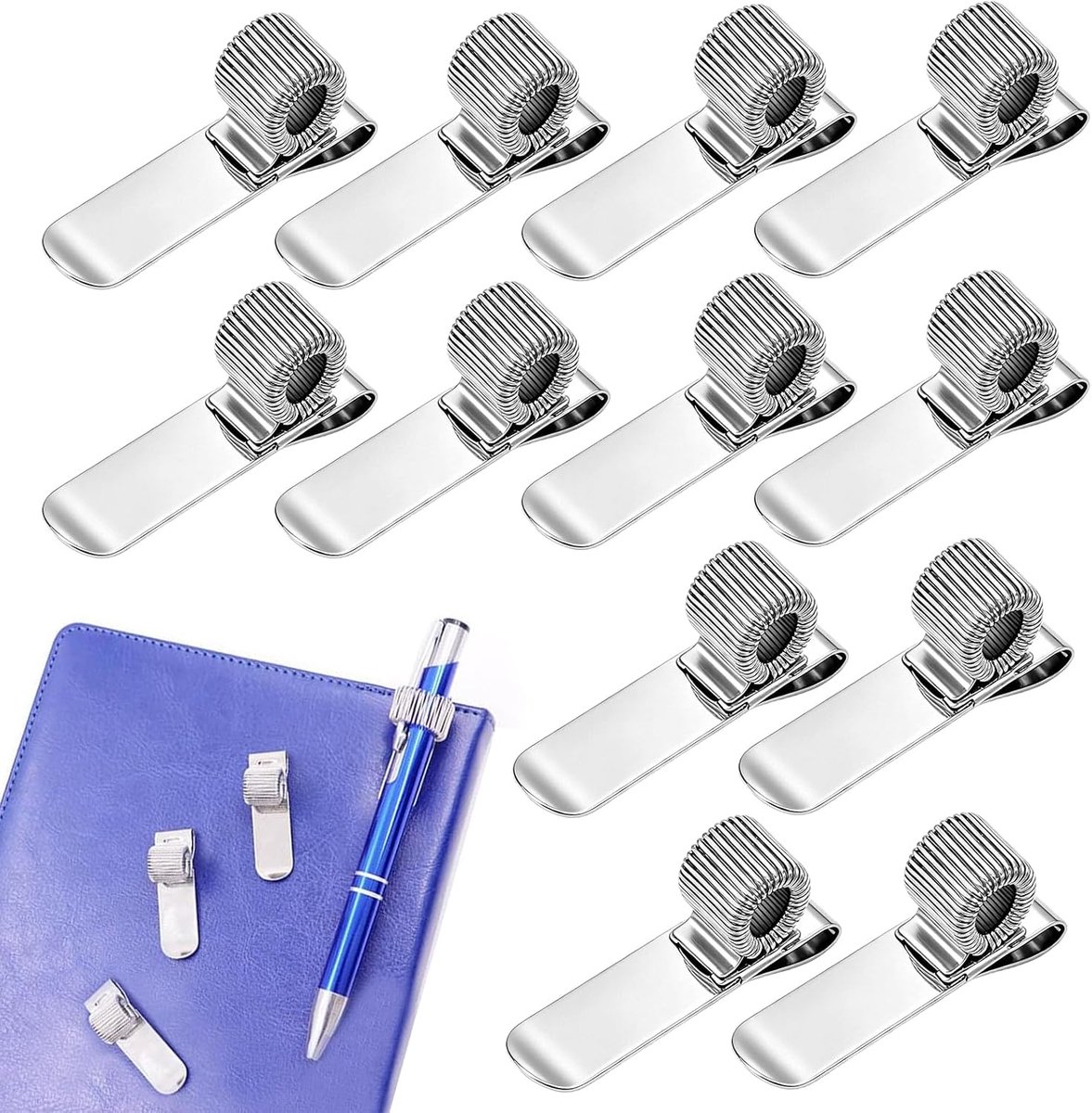 12 stuks pennenhouder, notitieboek, verstelbare metalen penlus met horizontale enkele lus, draagbaar, penlus, voor kantoor, laptop, klemmap, thuis, zakpotlood, potlood (zilver)