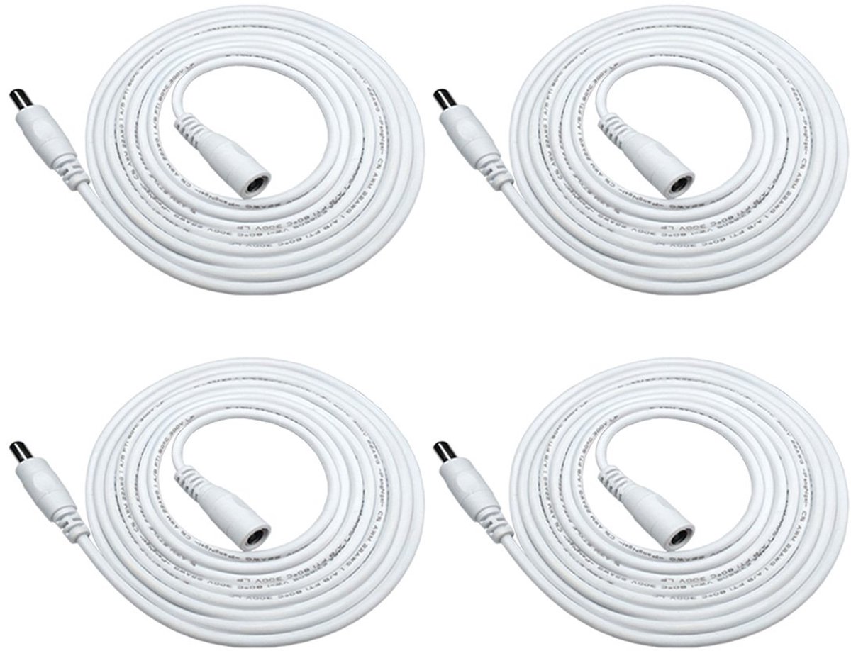 4pcs 3m/9.84ft DC-Verlengkabel 5,5mm x 2,1mm DC-Verbindingskabel DC-Connectorkabel DC-Splitter Mannelijk naar Vrouwelijk Connector voor Voedingsadapter, CCTV-cameravoeding, Auto - Wit
