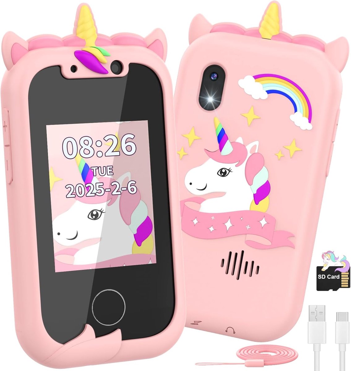 Mobiele telefoon voor kinderen, kindercamera, Kerstmis, verjaardag, eenhoorn, cadeau, speelgoed voor meisjes van 3, 4, 5, 6, 7, 8, 9, 10 jaar, kleine kinderen, speelgoed, mobiele telefoon met