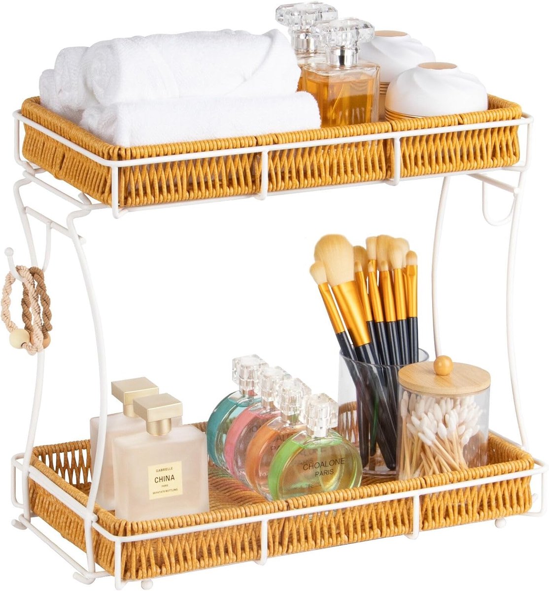 Badkamerorganizer met 2 planken, afneembaar, voor make-up en parfum, rotanstijl, voor badkamer, make-uptafel en koffiehoek, wit
